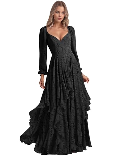 Asymmetric Ruffle Bridesmaid Dresses V Neck Chiffon Formal Dress for Women Long Sleeve Evening Gown Black lace US04