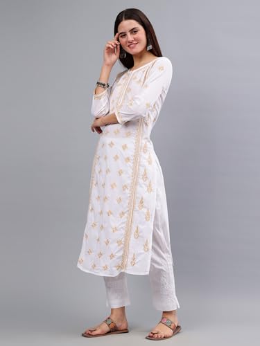 Image of Seva Chikan Hand Embroidered Lucknowi Chikankari Cotton Straight Kurta for Women SCL4567
