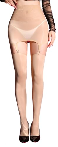 FEOYA Medias para Mujer Aceite Brillante Medias de Cintura Alta Ligueros de Pie Brillante Sexy, bronceado, Talla única