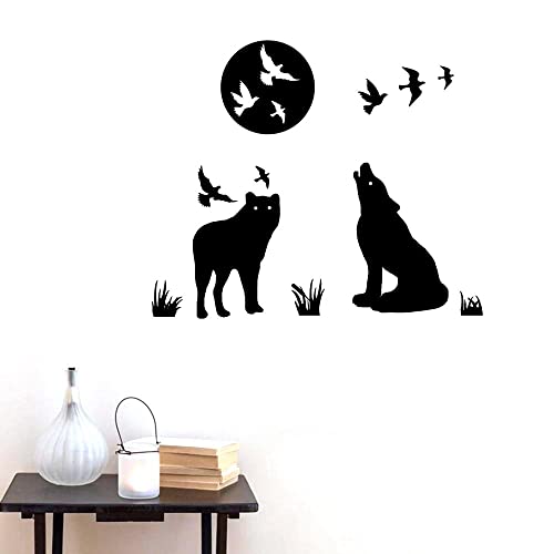 Bibitime Creative Howling Wolf Silhouette Vinyl Stickers Moon Flying Birds Wall Decal For Living Room Porch Cinemas Window Nursery Kids Room Decor Home Art Mural #TOP6
