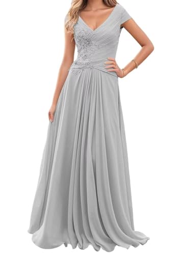 WSEYU Vestido de encaje para madre de la novia, vestido de fiesta de boda, vestido de cóctel de gasa, talla grande, color negro, plata, 46