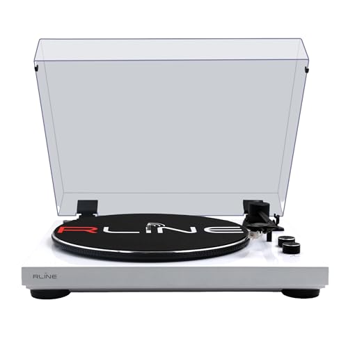 RLINE - Tocadiscos de Vinilo Bluetooth Blanco Brillante, Reproductor de vinilos de 33 y 45 RPM, Plano de 12' con Borde Cromado, Patas antivibración, Cartucho magnético AT3600, preamplificador