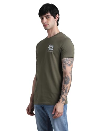 Image of Jack & Jones Men Pure Cotton Typography Printed Slim Fit T-Shirt