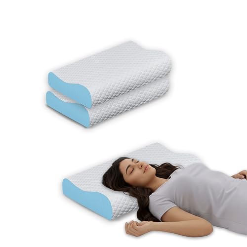 Image of Cervical Support Pillow Set of 2, Memory Foam Contour Bed Cushion for Sleeping, Neck and Shoulder Relief for Side Back Sleepers, Breathable Cover, Sky, 48 x 30 cm, 6 to 9 cm Loft