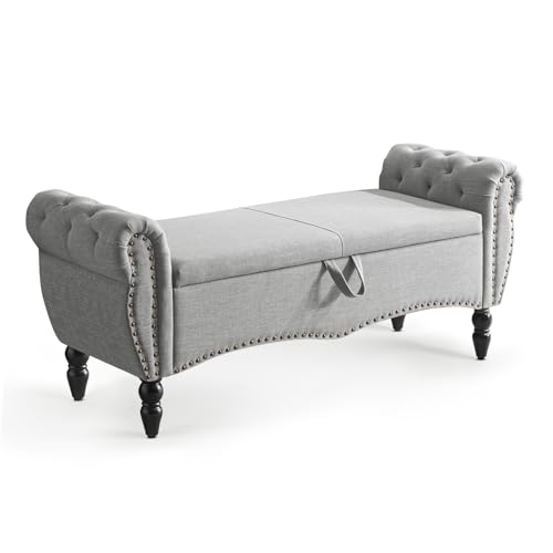 Banc coffre rangement capitonné gris accoudoirs Ckaff