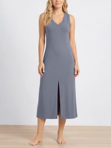 Image of ODODOS Modal Soft Front Split Midi Dress for Women, V Neck Sleeveless Casual Summer Tank Dress