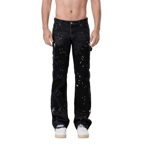 SANSIWU Herren Y2k Micro Flare Jeans, modisch, Tintenspritzer, Patchwork, Denim-Hose, Frühling, lässige Jeans mit Taschen, Schwarz , S SANSIWU Herren Y2k Micro Flare Jeans, modisch, Tintenspritzer, Patchwork, Denim-Hose, Frühling, lässige Jeans mit Taschen, Schwarz , S