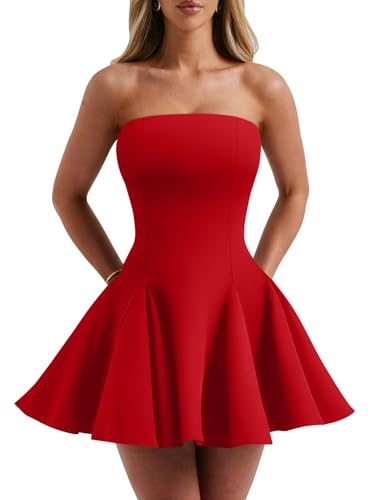 DAAWENXI Womens Sexy Summer Strapless Mini Dress Homecoming Off Shoulder Sleeveless Party Club Short Dresses Red