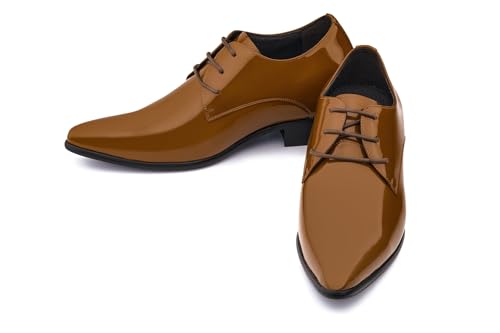 Image of CALTO Men's Invisible Height Increasing Elevator Shoes - Light Brown Patent Leather Lace-up Formal Dress Oxfords - 2.8 Inches Taller - K2728 - Size 6 D(M) US