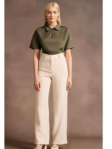 Image of Mack Jonney Ribbed |Regular Fit | Half Sleeves 100% Cotton Polo Neck Self Design with Zip T-Shirt for Women-M950