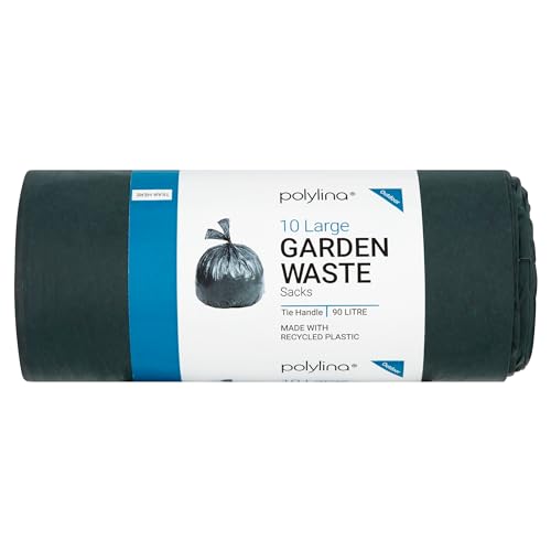 Polylina - Gartenabfallsäcke 90 Liter, 10 große Müllsäcke mit Bindegriff, extra dick, aus recyceltem Kunststoff