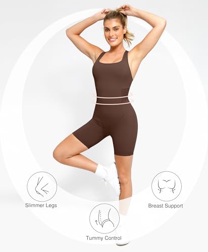 Popilush Shapewear Romper Shorts Romper for Women Bodycon Jumpsuit Workout Romper Racerback Brown M - image 4