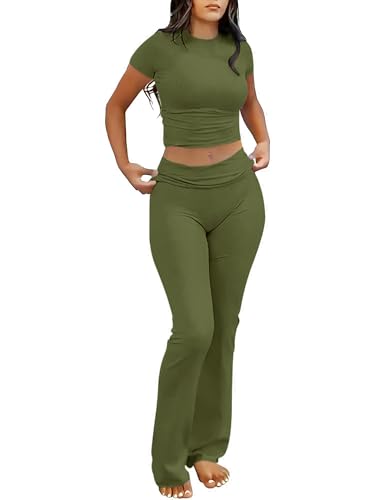 Image of AYWA Women's 2 Piece Lounge Sets Short Sleeve Crop Top Foldover Flare Pants Casual Pajama Outfits