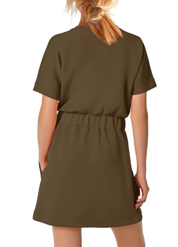 Image of SENSERISE Womens Short Sleeve T Shirt Dresses Crew Neck Solid Color Basic Smocked Waist Dress with Pockets