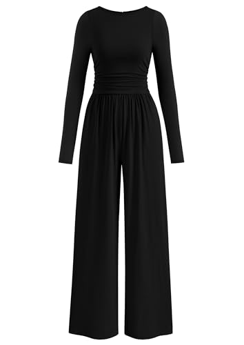 PRETTYGARDEN One Piece Jumpsuits for Women Dressy Casual Long Sleeve Crewneck Wide Leg Overalls Rompers Fall Outfits 2025 (Black, L)