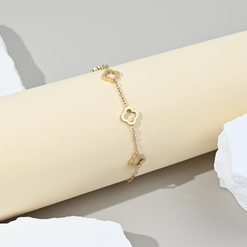 18K Gold Plated Four Leaf Clover Link Bracelet for Women. Trendy Lucky Hollow Clover Women's Gold Jewelry Gift. Best Bracelet for Stack.2