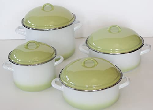 Batería de cocina esmaltada, para inducción, 8 piezas, color verde y blanco