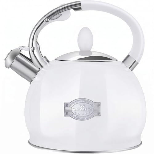 RETTBERG Tea Kettle for Stovetop Induction Whistling Tea Kettles 2.64 Quart Retro Food Grade Stainless Steel Teapots with Cool Touch Handle White