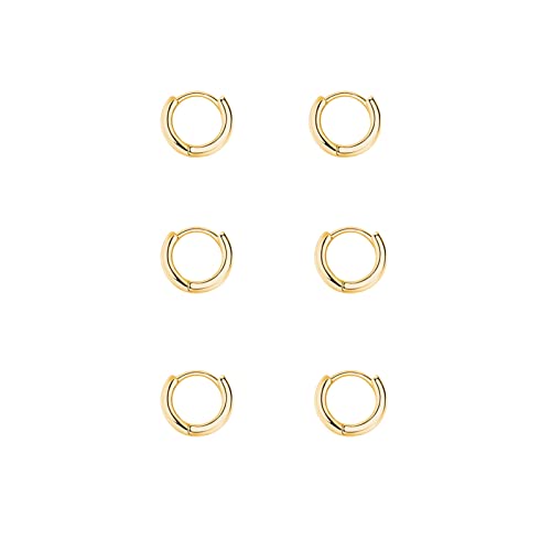 Silber 925 Creolen Set - 3 Paar Klein Huggies Ohrringe für Damen, Mädchen, Herren - Zierliche Knorpel Tragus Helix Schlafen Schmuck 6mm - Gold