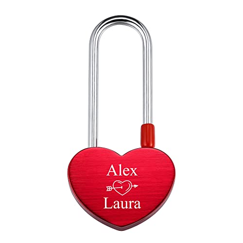 INBLUE Personalized Heart Shaped Love Lock Custom Name Date for Couple Boyfriend Girlfriend Him & Her Love Bridge Aluminum Padlock Valentine Lover Gift Red