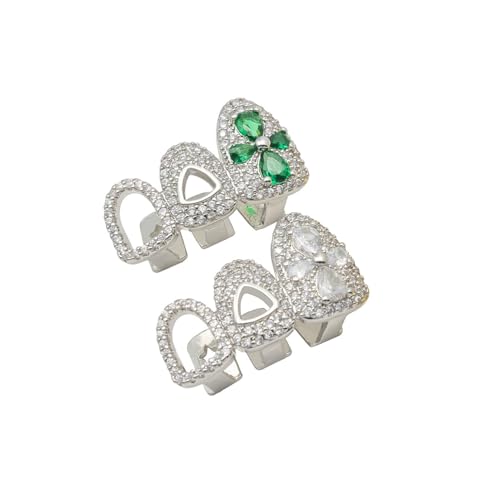 2 Piezas Vintage Tres Huecos Completos CZ Dientes De Piedra Tapas para Mujeres Hombres Moda Flor Circón Encanto Parrillas De Dientes Joyería Cosplay,Plata