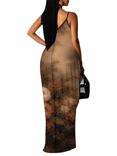 Image of Women's Summer Maxi Dress Spaghetti Strap Floral Boho Beach Long Sundress with Pockets