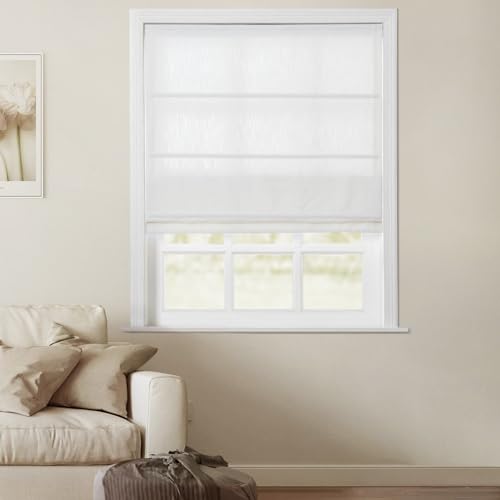 TWOPAGES Cordless Roman Shades Linen Textured Cotton Roman Blinds for Windows, Custom Made Room Darkening Blackout Roman Window Shades Washable Fabric, Hardware Included, Beige White, 1 Piece