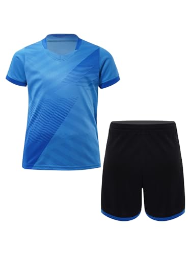 Kids Sport Shorts Sets Boys Soccer Jersey T-shirt With Shorts Set Football Sports Uniform Jersey Training Suits Blue 15-16 Years