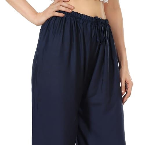 Image of Women's Rayon Palazzo Pants | Solid Color Wide Leg Trousers in 18 Shades | Elastic Waist Casual Bottoms XS-7XL | Comfortable