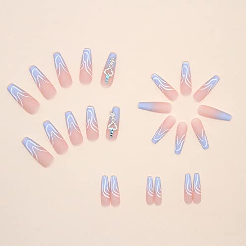Misud 24 Pcs Long Coffin Press On Nails Ballerina Fake Nails Matte Glue On Nails Blue Pink Gradient Acrylic Nails Luxury 3D Rhinestone Artificial Nails White Swirl Stick On Nude False Nails With Desgin #TOP3