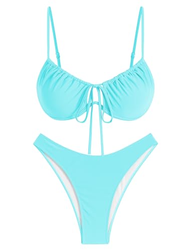 Image of ZAFUL Women High Cut Bikini Sets String Sexy Swimsuit Two Piece Underwire Bathing Suit Brazilian Cheeky Cut Out Cute Swimwear