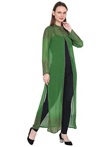 Image of Matelco Women Georgette Floor Length Hand Embroidered Embellished Longline Front Open Shrug Dress