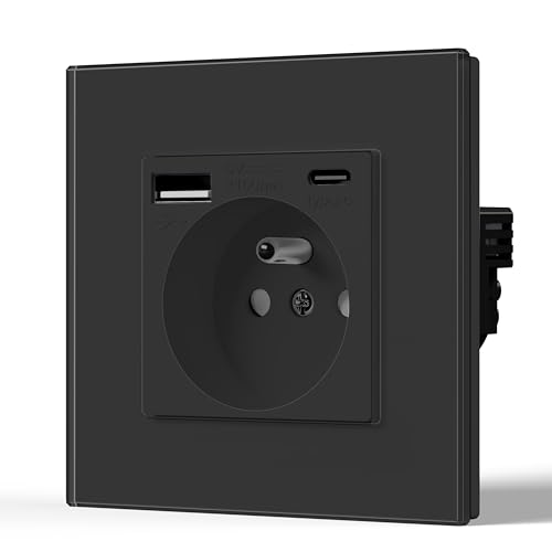 BSEED Prise Murale avec USB et Type C, Prise de courant en Verre avec USB 2.1A courant 16 Amp 240V 86mm Noir