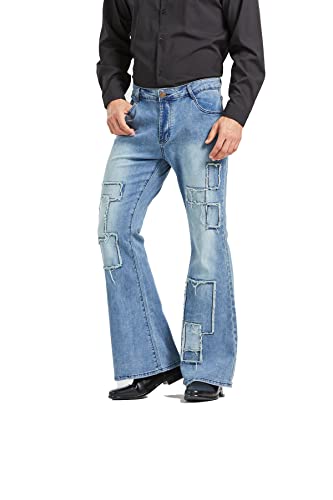 Image of Men's Vintage Flared Leg Denim Jeans Classic Patchwork Bell Bottom Denim Pants