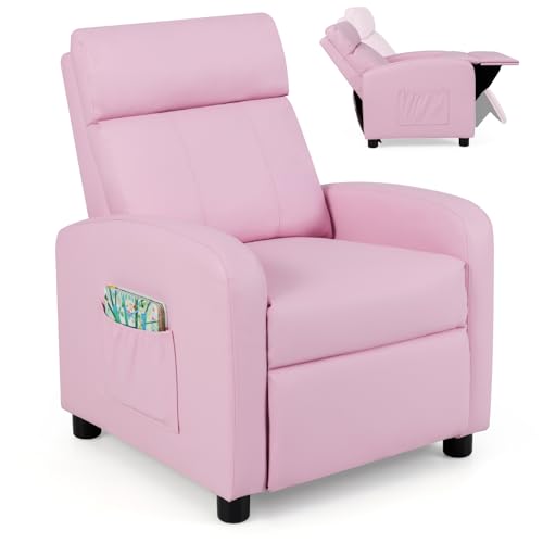 Image of Costzon Kids Recliner, Adjustable PU Leather Lounge Chair w /Side Pockets, Footrest, Headrest for Kids Room&Play Room, Easy to Clean, Padded Pink Recliner Sofa for Children Boys Girls Aged 3-12 (Pink)