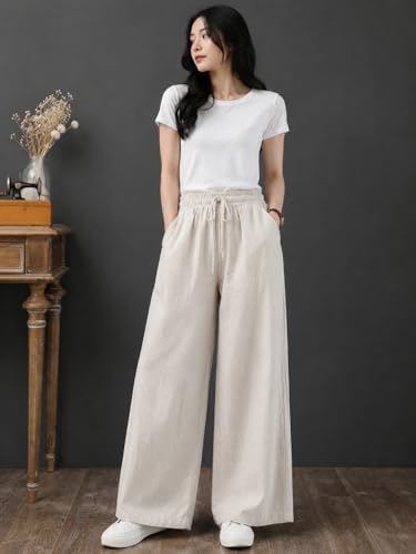 Image of LIRIT Womens Solid Color Wide Leg Trouser Pant with Drawstring Elastic Waist, Relaxed Fit, Full Length, Casual Lounge Palazzo Bottom