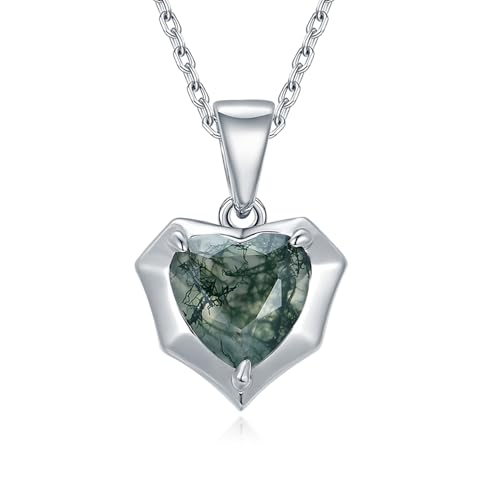 ITI KUOLOLIT Natural Moss Agate Heart Necklaces for Women Solid 925 Sterling Silver Pendants for Wedding Engagement With Chains Fine Jewelry (White Rhodium Plated Moss Agate)