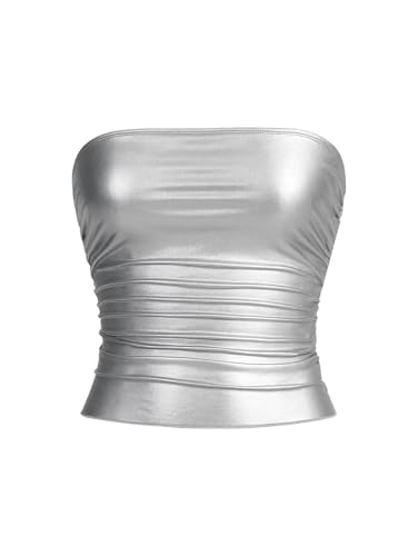 MakeMeChic Womens Leather Gold Tops Summer Tube Tops Ruched Sleeveless Slim Fit Strapless Club Concert Shirts Silver Medium