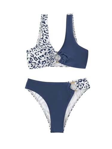 SweatyRocks Women's Leopard Print Bikini Set Color Block High Cut Cheeky Swimsuit 2 Piece Bathing Suit
