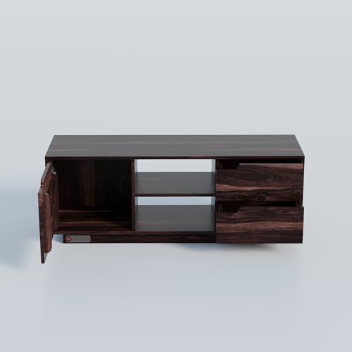 Image of DRIFTINGWOOD Solid Sheesham Wood Sideboard Medora Low Height TV Cabinet for Living Room | Wooden Free Standing TV Unit Side Board Table Door Cabinet Storage | Rosewood, Walnut Finish