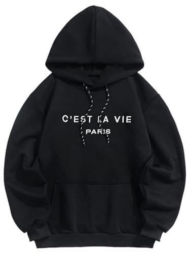 ZAFUL Men's Hooded Sweatshirt Graphic Colorblock Two Tone Fleece Lined Pullover Thermal Hoodie (PARIS2-Black, XL)