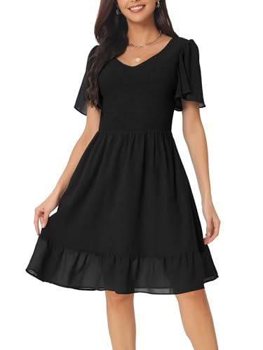 Image of Seta T Women's Summer Chiffon Dresses Smocked V Neck Flutter Short Sleeve Flowy Casual Dress with Pockets