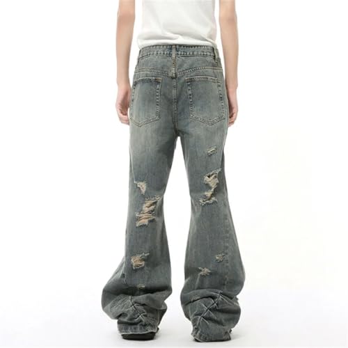 Men's Denim Pants Straight Worn-Out Hole Pleated Bottom Wide Leg Solid Color Jeans4