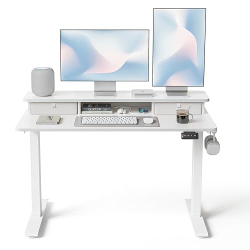 Image of FEZIBO 48 x 24 Inch Height Adjustable Electric Standing Desk with Double Drawer, Stand up Home Office Computer Desk with 4 Height-Adjustable Feets & 2 Hooks, White