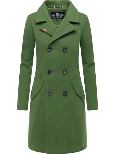 MARIKOO Damen Mantel in Wollmantel-Optik Langer Trenchcoat mit Reversekragen Nanakoo Pine Olive Gr. M
