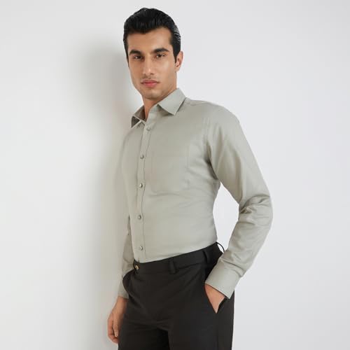Image of Raymond Men's Slim Fit Solid Pattern Pure Cotton Full Sleeve Semi Cut Away Collar Formal Shirt