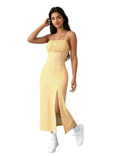 Image of Aahwan Yellow Printed Knitted Cami Split Pastel Dresse for Women's & Girl's