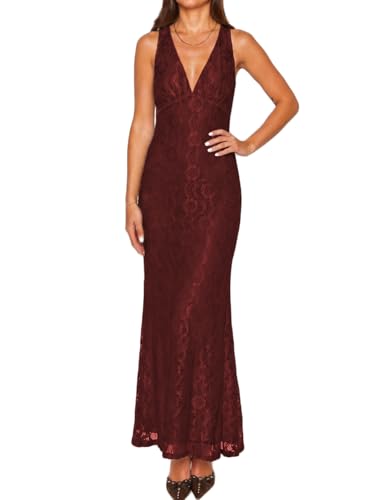 Image of Elegant Lace Floral V Neck Backless Bodycon Dresses for Women Sexy Cut Out Low Back Sleeveless Maxi Dress Wedding Guest