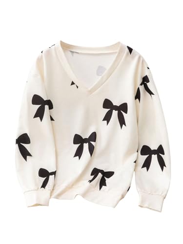 Girl's Bow Print Shirt Cute Bow Sweatshirt V Neck T Shirt Long Sleeve Tee Casual Oversized Pullover Top