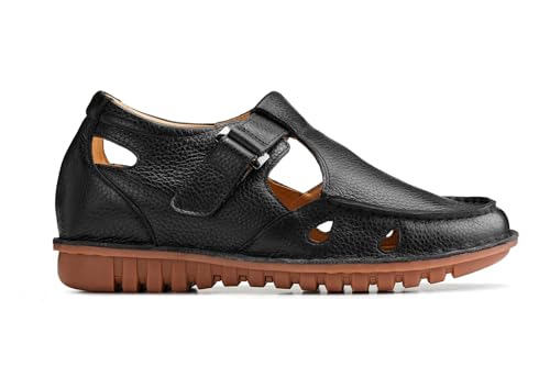 CALTO Men's Invisible Height Increasing Elevator Shoes - Black Premium Leather Lightweight Casual Fisherman Sandals - 2.8 Inches Taller - K0751 - Size 7.5 D(M) US2